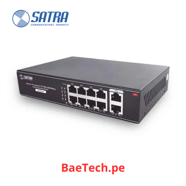 Switch de 10 Puertos Giga Ethernet con 8 puertos PoE+ SATRA 1403020000. Conmutador no administrable. Hasta 30w. Carcasa de metal. Incluye cable poder y accesorio para fijar en pared